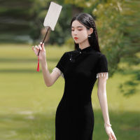 2023ใหม่สีดำ Cheongsam แขนสั้นที่ดีขึ้นชุดวินเทจฤดูใบไม้ผลิฤดูร้อนบางพอดีผู้หญิงที่สง่างามพู่ Qipao S เพื่อ XXL