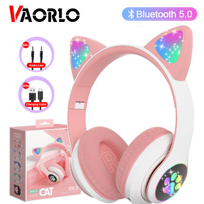 VAORLO Flash Lamp Cute Cat Ears Headphone Bluetooth5.0 Stereo With Mic Support TF Card Wireless Kids Girl Earphone Birthday Gift