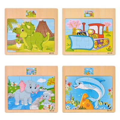 【In stock】 Wooden 12 PCS cartoon animal traffic cognition puzzle Children 3-6 years old early education inlectual toy 【te】
