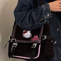 Sanrio Hello Kitty กระเป๋าสะพายข้างสไตล์มหาลัยนักเรียนกระเป๋าสะพายไหล่กระเป๋าถือ Y2k ผู้หญิงกระเป๋าเดินทางการ์ตูนโตเต้สีดำ