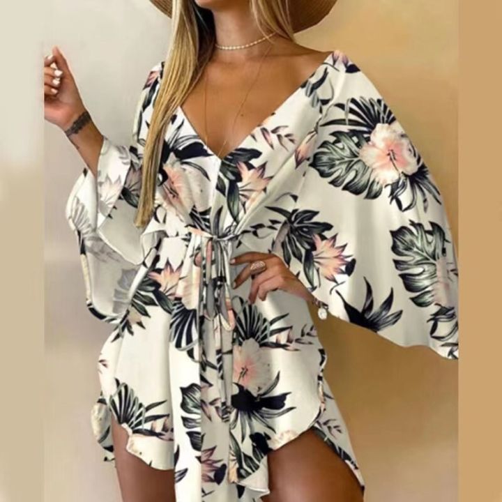 2023-new-summer-beach-elegant-women-dresses-sexy-v-neck-lace-up-floral-print-mini-dress-casual-flared-sleeves-ladies-party-dress