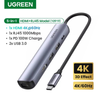 UGREEN รุ่น 10919 Hub TypeC Connector 5in1, USB-C Multiport Hub ตัวแปลงสัญญาณ Dock HDMI 4K(x1), USB3.0 (x2), RJ45(x1) Gigabit Lan for Apple MacBook, Dell XPS , HP Envy, Lenovo Yoga, Samsung, Huawei