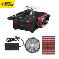 [FBL]Smart Sensor 300W Mini Bench Saw And Belt Sander With Extension Rod, Collet, Grinding Carving Drilling Kit, Variable Speed Circular Table Saw 30Mm Cutting Depth DIY Benchtop Sanding Machine With 10 Sanding Belts