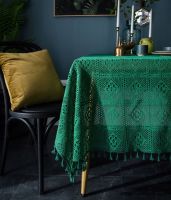 Green Vintage Openwork Table Cloth Handmade Knitted Tassel Cotton Crocheted Tablecloths Rectangle Wedding Table Cloth Covers