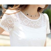 Mode Shop Hang-Qiao Lace Hollow Chiffon Shirt Blouse Short Sleeve Tops Blouse