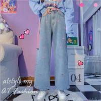 CODpz119nb ❤️TThouse❤️【Ready Stock】 Korean new love embroidered jeans womens high waist wide leg loose washed jeans Soft Wild Straight Leg Causal Pants heart print jeans Harajuku BF Wind Pants