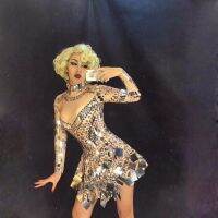 Singer Mirror Dress Stage Dance Wears Sparkly Silver Sequins Bodysuit Dress Rhinestone Costume