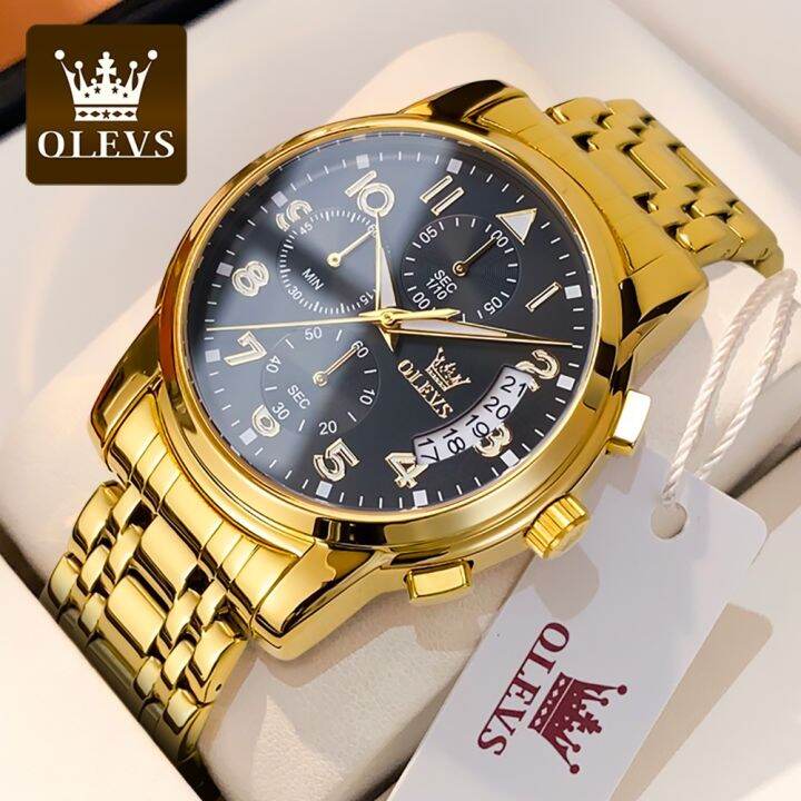 Olevs Watch For Men Waterproof Original Stainless Steel Chronograph Auto Date Gold White Black 4828