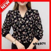 qkq971 Womens Long-sleeved Blouses Fashion Wave Floral Print Tops Elegant V-neck Loose Blouse for Middle-aged Female