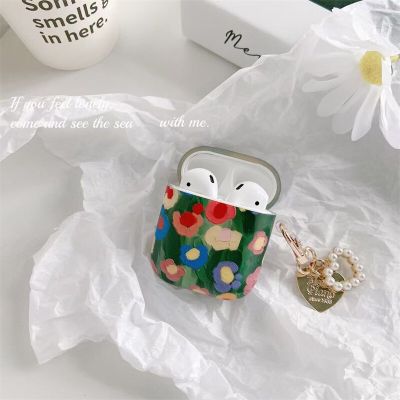 Luxury Oil Painting Flower Love Pearl Keychain Earphone Silicone Case For Apple Airpods 1 2 AirPods Pro 3 Headset box Cover Headphones Accessories