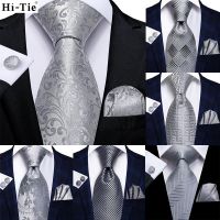Hi-Tie Luxury Silver Novelty Men Tie Gravata Silk Wedding Necktie For Men Hanky Cufflink Set Fashion Design BusinessDropshipping