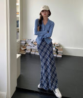 Womens Blue Plaid Wrapped Hip Split Ankle-length Fishtail Skirt Summer New Chic Young Girl Slim Fit Wrapped Hip Half Skirt