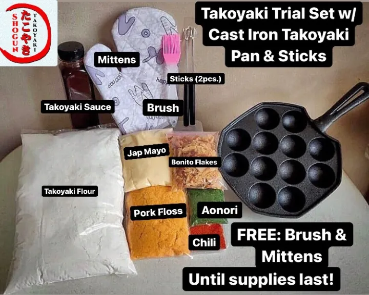 Takoyaki Set with Heavy Duty Cast Iron Takoyaki Pan , Pork Floss