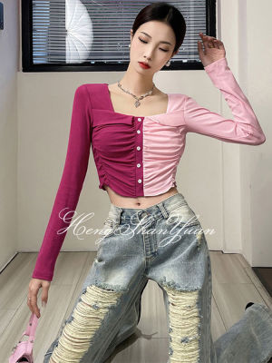 HengShanYuan เสื้อผู้หญิงแขนยาวลำลองคอใหญ่แนวย้อนยุคสีตัดกันหวานและเผ็ด