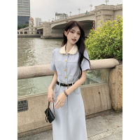 Xiaoxiangfeng Dress Female Summer 2023 New Doll Collar Waist Is Thin And Middle Long Single Buckle Short -Sleeved Skirt