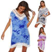 [COD] Cross-border supply of European and womens tie-dyed hand hook splicing V-neck blouse beach dress