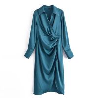 European and American style 2021 autumn new womens slim versatile simple silk satin texture pleated slit dress