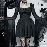 ✗ Wannathis Gothic Lace Kie Sleeve Waistle Dress Womens Collar Black Skirt Lolita Skirt