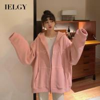 IELGY เสื้อสเวตเตอร์ตัวอักษรซิปหลวมสไตล์เกาหลีสำหรับผู้หญิง