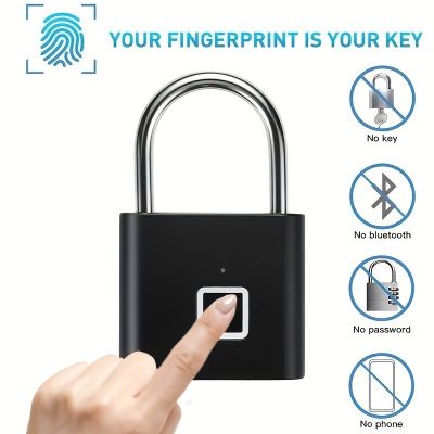 【YF】 Black silver Keyless USB Rechargeable Door Lock Fingerprint Smart Padlock Quick Unlock Zinc alloy Metal Self Developing Chip