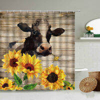 Fun Animal Cattle Cows Sunflower Shower Curtain Antique Wooden Board Humor Farmhouse Bathroom Waterproof Polyester Cloth Screen