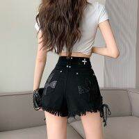 กางเกงขาสั้น High-waisted a-line cross black denim shorts womens summer thin section raw edge wide-leg hot pants