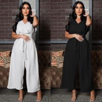 Muslim Abayas Women One-Piece Sleeveless V-neck Wide Legs Pants Jumpsuit Romper Islamic Turkey Arab Kaftan Solid Color Clothing