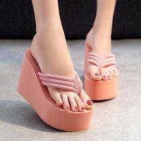 Flashing charming women high heel sandals thick bottom slippery wear-resisting rubber beach flip-flops nightclub cloth slippers wholesale