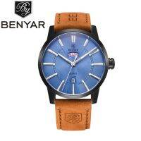 ⌚2023 BENYAR นาฬิกาธุรกิจสำหรับผู้ชายสีน้ำตาลนาฬิกาข้อมือหนังทหารหรูหรานาฬิกาแฟชั่นนาฬิกาแสดงตัวเลขสำหรับผู้ชายวันและสัปดาห์