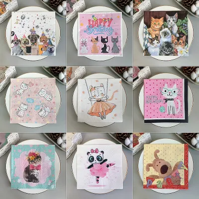20Pcs/Pack Cute Skirted Cat Decoupage Paper Napkins Lovely Cartoon Napkin Paper Tissue for G irls Birthday Party Supplies 0