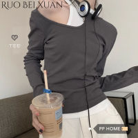 Ruo Bei Xuan เสื้อยืด2023ผู้หญิง,แฟชั่นใหม่เสื้อยืดแขนยาวเข้ารูปหวานเผ็ดเข้ารูปดีไซน์ของผู้หญิงเสื้อยืดคล้องคอสุดชิคชุดสองชิ้น