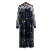 PERHAPS U Gray Beige Navy Star Moon Embroidery Mesh Long Sleeve Stand Collar Midi Elegant Sweet Party Loose Dress Runway D0201