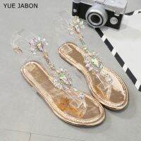 Gold Summer Crystal Shoes Ankle Strap Women Flat Slide Sandals Fashion Bridals Evening Dress Party Lady Shoe Sandalia Feminina