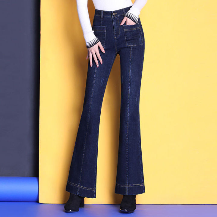 กางเกงยีนส์เอวสูงขาบานรัดรูปผ้ายืดสำหรับผู้หญิง,กางเกงขาม้าสไตล์เกาหลีแบบใหม่สลิมมิ่ง