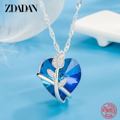 ZDADAN 925เงินสเตอร์ลิงกุหลาบดอกไม้สีฟ้าสร้อยคอคริสตัลหัวใจสำหรับเครื่องประดับแฟชั่นสำหรับผู้หญิง