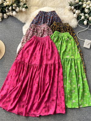 【CC】✲◕  SINGREINY Floral Print A Skirt French Elastic Waist Ladies Fashion 2023