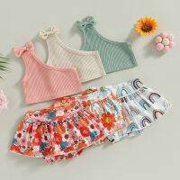 Toddler Infant Baby Girl Summer Clothes Suits One Shoulder Solid Color Tank Tops Floral Print Ruffle Shorts 2Pcs Set  by Hs2023