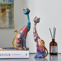 ?Dream Best? European Style 2pcs/set Oil Painting Cat Statues Animal Modern Sculpture Room Decoration Accessories Sculptures for Home Design Gift