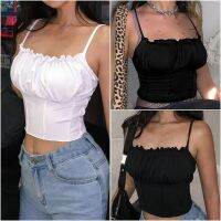 [A LIKE] HiriginWomen RufflesTops แฟชั่นสุภาพสตรีแขนกุด RuchedCrop Top Camisole หญิงเสื้อผ้า