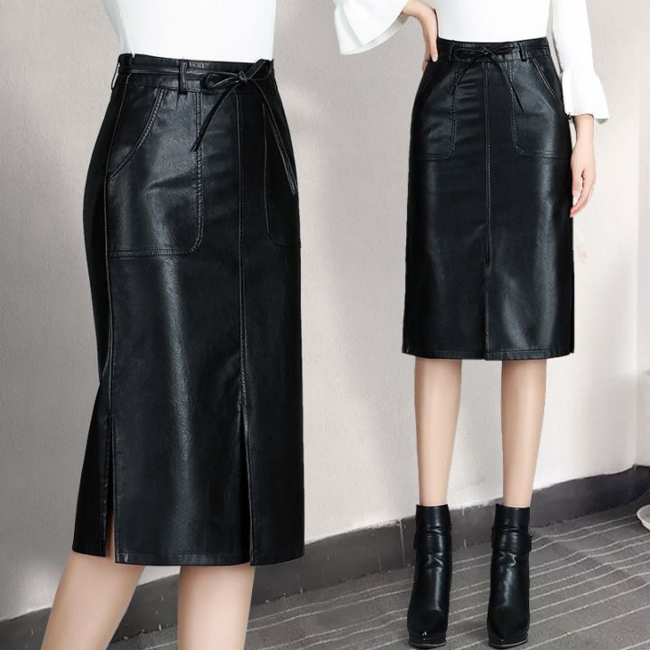 ขายดีที่สุด-ioztt2023-younggee-pu-หนัง-bodycon-กระโปรงผู้หญิง-office-lady-ฤดูใบไม้ผลิฤดูใบไม้ร่วงโบว์สูงเอว-streetwear-ดินสอสีดำเข่า-ความยาวกระโปรง-saia