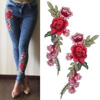 Febelle 1Pair Long Roses Flowers Embroidery Iron On Patches Sewn Applique Embroidered DIY Clothes