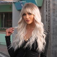 LOUIS FERRE Long Platinum Wave Synthetic Wig for White Women Ombre Light Blonde Wigs With Bangs Daily Cosplay High Temperature [ Hot sell ] Decoration Center