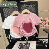 JoynCleon เสื้อยืดเด็กผู้หญิง,ใหม่ฤดูร้อนหัวใจสีพีชมีเชือกผูกแบบไม่สม่ำเสมอรักแขนสั้น