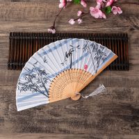 【CW】 New Chinese Japanese Silk Folding Fan Wooden Shank Classical Dance Fan High Quality Tassel Elegant Female Fan Home Decoration