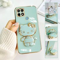 For Oppo A15 Mobile Phone Case Fashion Temperament Plating TPU Advanced Rotary Stand Makeup Mirror Hello Kitty Folding Mirror Stand Net Red New Couple Gift Soft Touch Anti slip Anti fall Protective Case