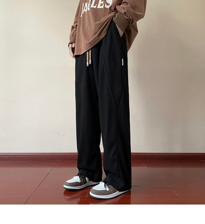 gmak930-แฟชั่นฮ่องกง-slacks-กางเกงขายาวผู้ชาย-m-xxl-ลำลองขากระบอกเกาหลี-เอวยืดใส่สบาย-มีเชือกปรับขนาดได้-สีดำ-น้ําตาล