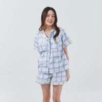 SliptoSleep - Blue Grids Shorts set ชุดนอนโนบรา