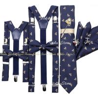 Hot Bee Embroidery 2.5cm Suspender 7.5cm Tie Hankie Men Kid Bow Set Green Navy Cravat Brace Straps Wedding Party Gift Accessory Boys Clothing