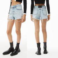 COD jfdss wang 2022 new rhinestones logo ribbon high-waist denim shorts raw edge washed short jeans