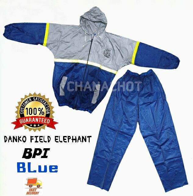 ชุดกันฝนเสื้อกางเกง-bpi-raincoat-สีน้ำเงิน-อย่างดี-ตราช้าง-มีแถบสะท้อนแสง-กันน้ำ100-มีซิปหน้า-มีฮู๊ดในตัวชุดกันฝน-pvc-เหนียว